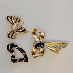 3 Enamel, Faux Pearl & Rhinestone Brooches
